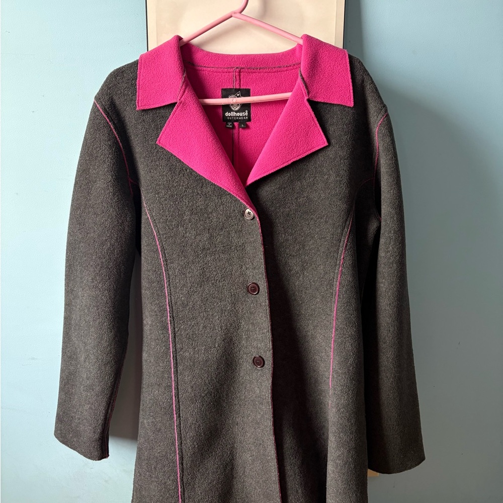 Dollhouse Charcoal Coat with Pink Collar & Trim